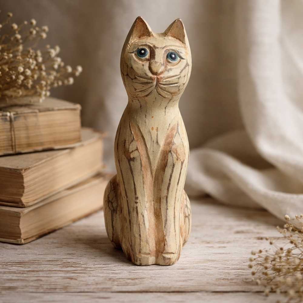Hand Carved Wooden Cat Figurine – Rustic Folk Art Decor